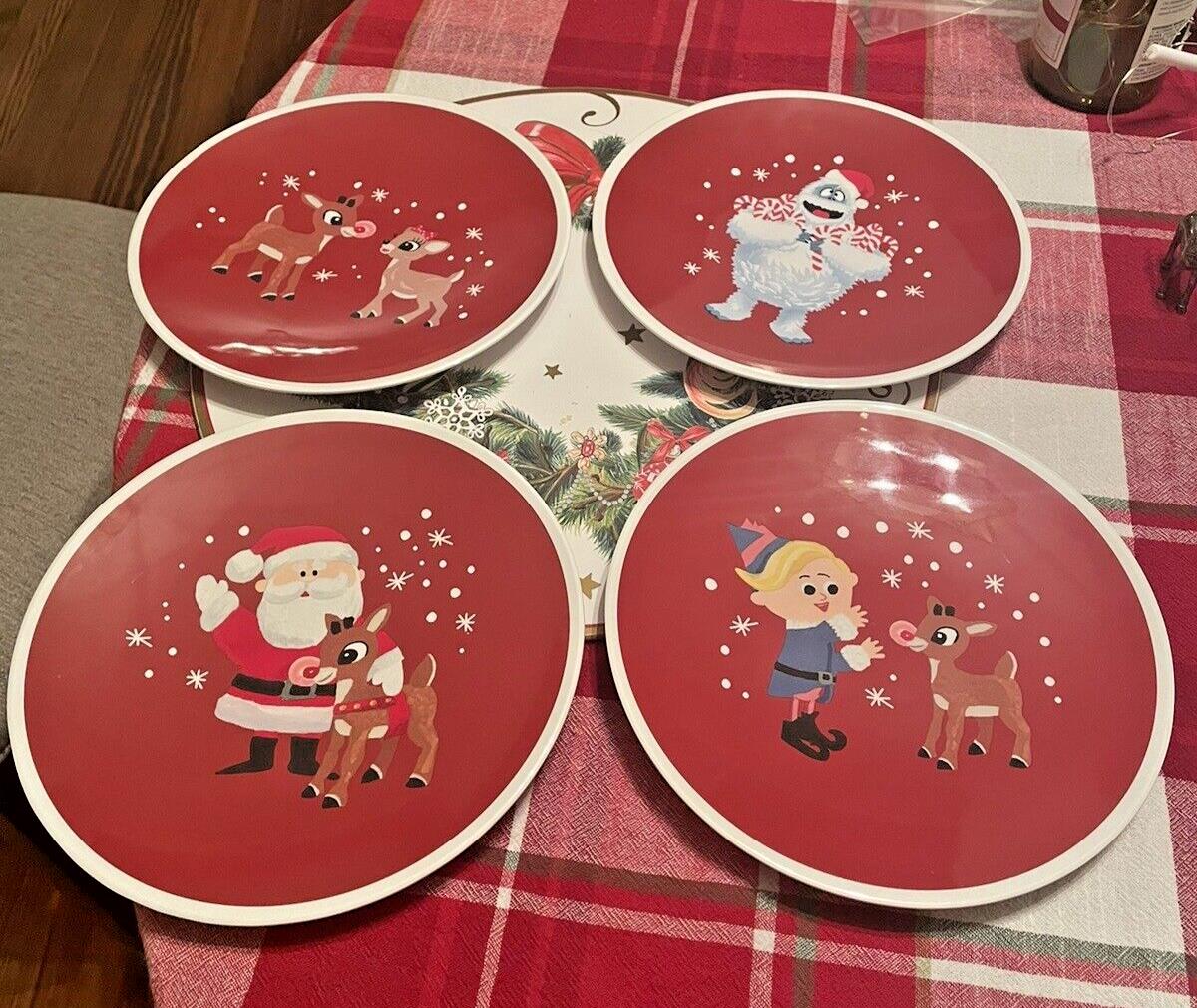 Rudolph Pottery Barn plate holiday party Santa Bumble Christmas Disney SET 4 -