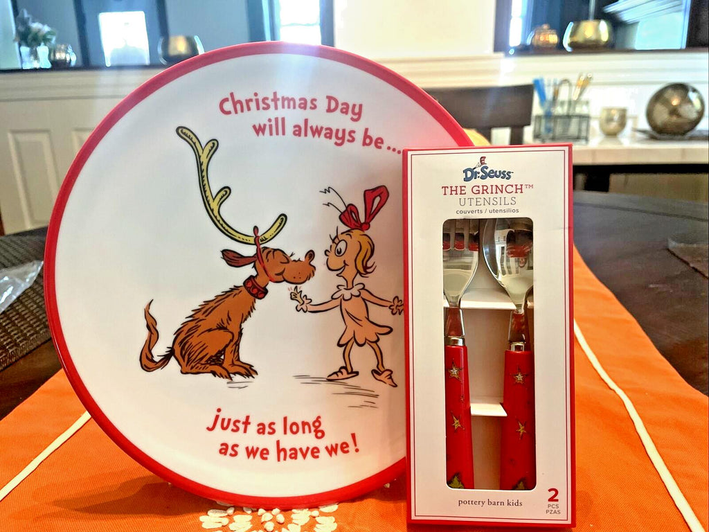 Pottery Barn Holiday GRINCH Plate Utensil Disney Seuss gift Christmas party 1