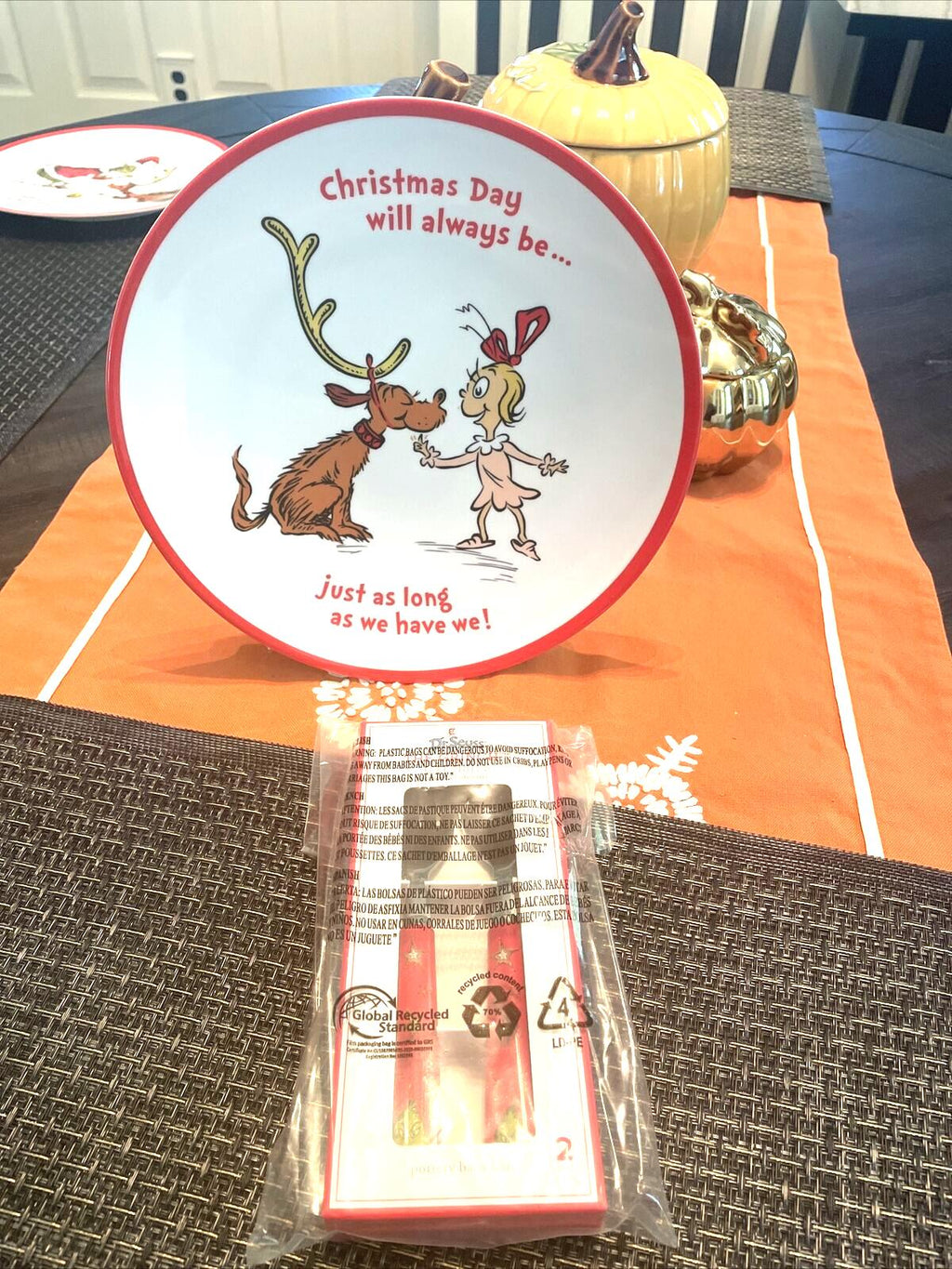 Pottery Barn Holiday GRINCH Plate Utensil Disney Seuss gift Christmas party 1
