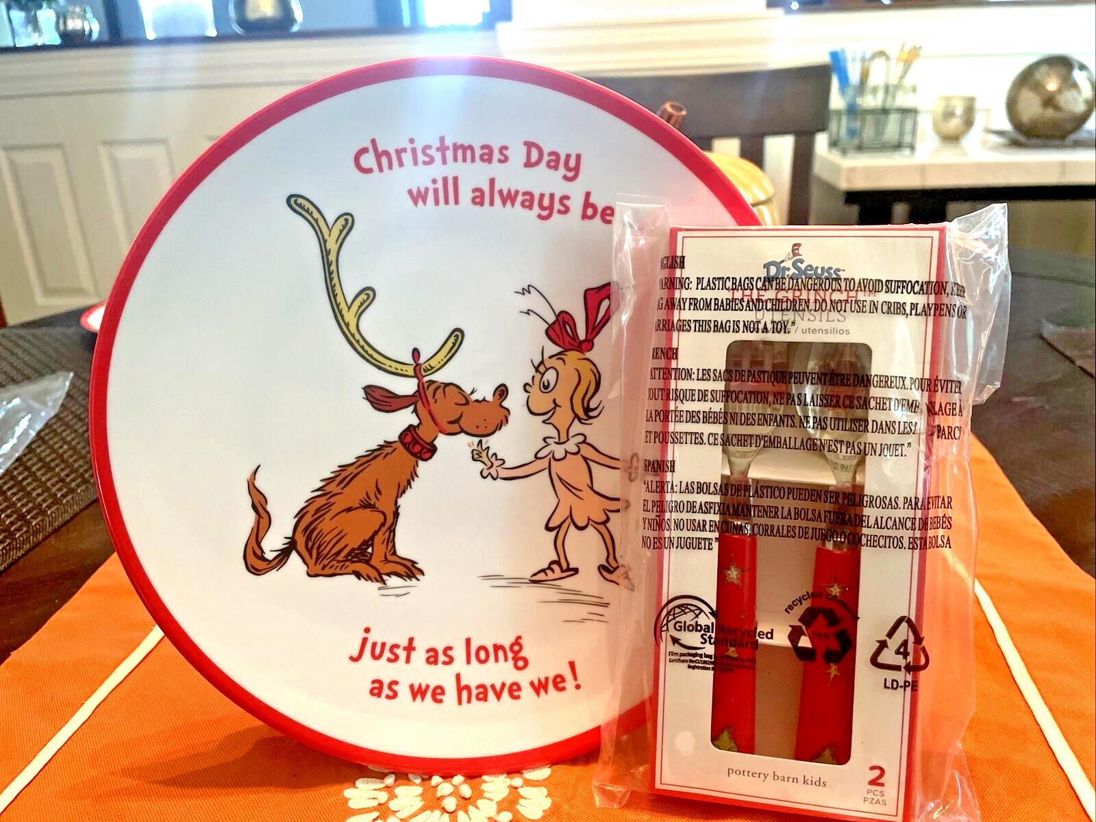Pottery Barn Holiday GRINCH Plate Utensil Disney Seuss gift Christmas party 1