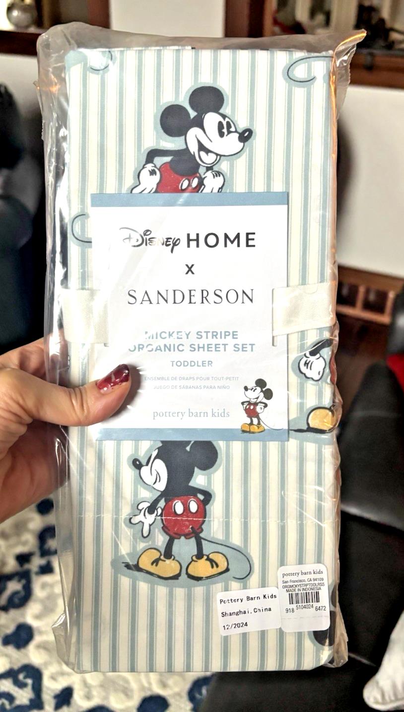 Pottery barn SHEET SET Crib Disney Baby Toddler Mickey Mouse Stripe Holiday gift