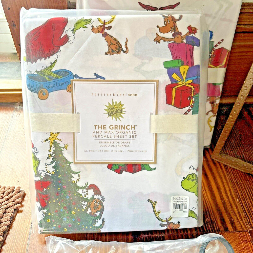 Pottery Barn GRINCH Disney TWIN SHEET SET Dr Seuss kid holiday party school '