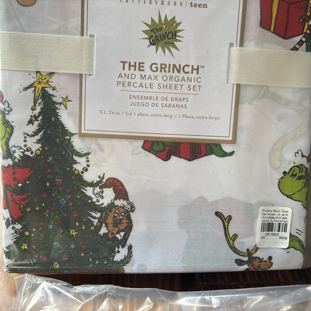 Pottery Barn GRINCH Disney TWIN SHEET SET Dr Seuss kid holiday party school '