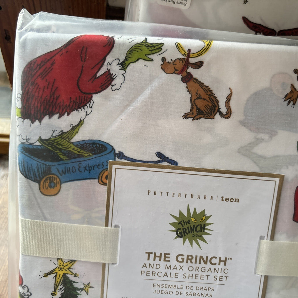 Pottery Barn GRINCH Disney TWIN SHEET SET Dr Seuss kid holiday party school '