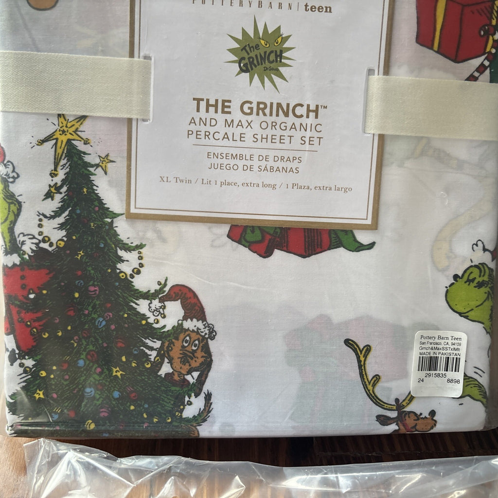 Pottery Barn GRINCH Disney TWIN SHEET SET Dr Seuss kid holiday party school '