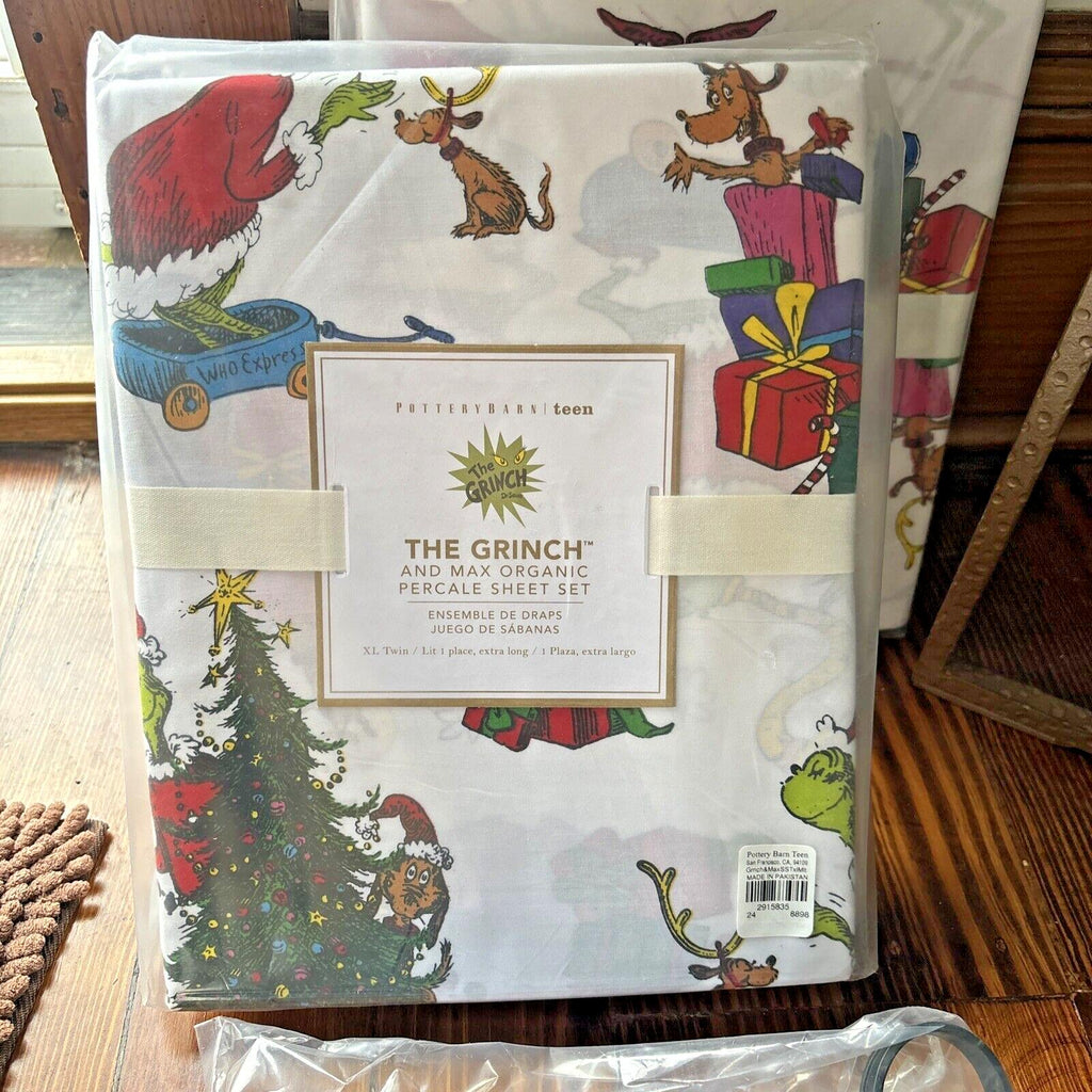 Pottery Barn GRINCH Disney TWIN SHEET SET Dr Seuss kid holiday party school '