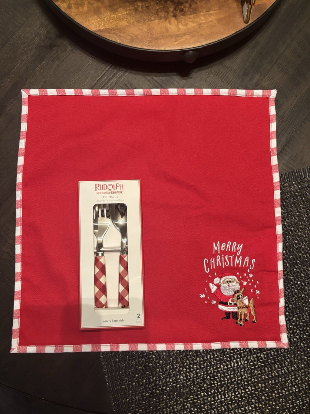 Pottery Barn holiday Rudolph Disney Santa Napkin+Utensil Christmas party SET =