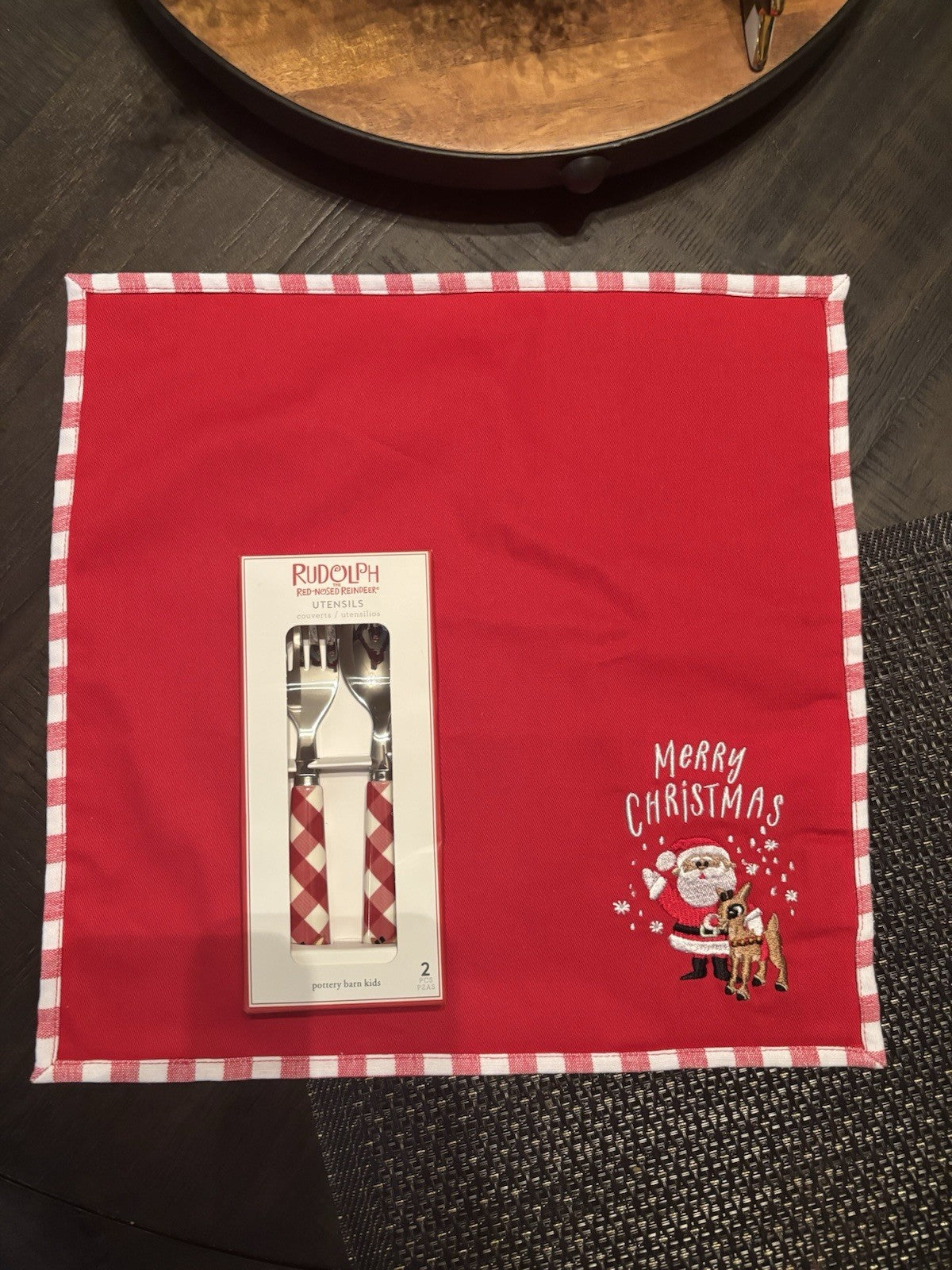 Pottery Barn holiday Rudolph Disney Santa Napkin+Utensil Christmas party SET =