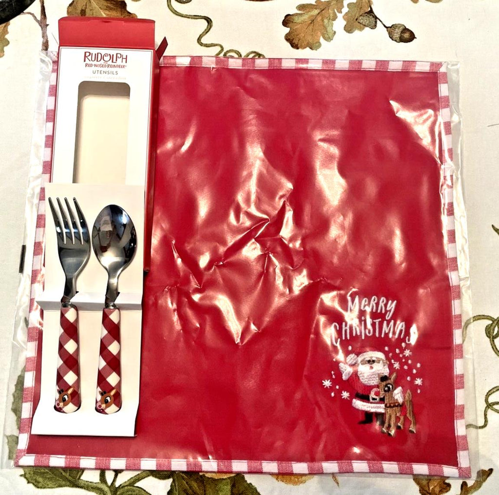Pottery Barn holiday Rudolph Disney Santa Napkin+Utensil Christmas party SET =