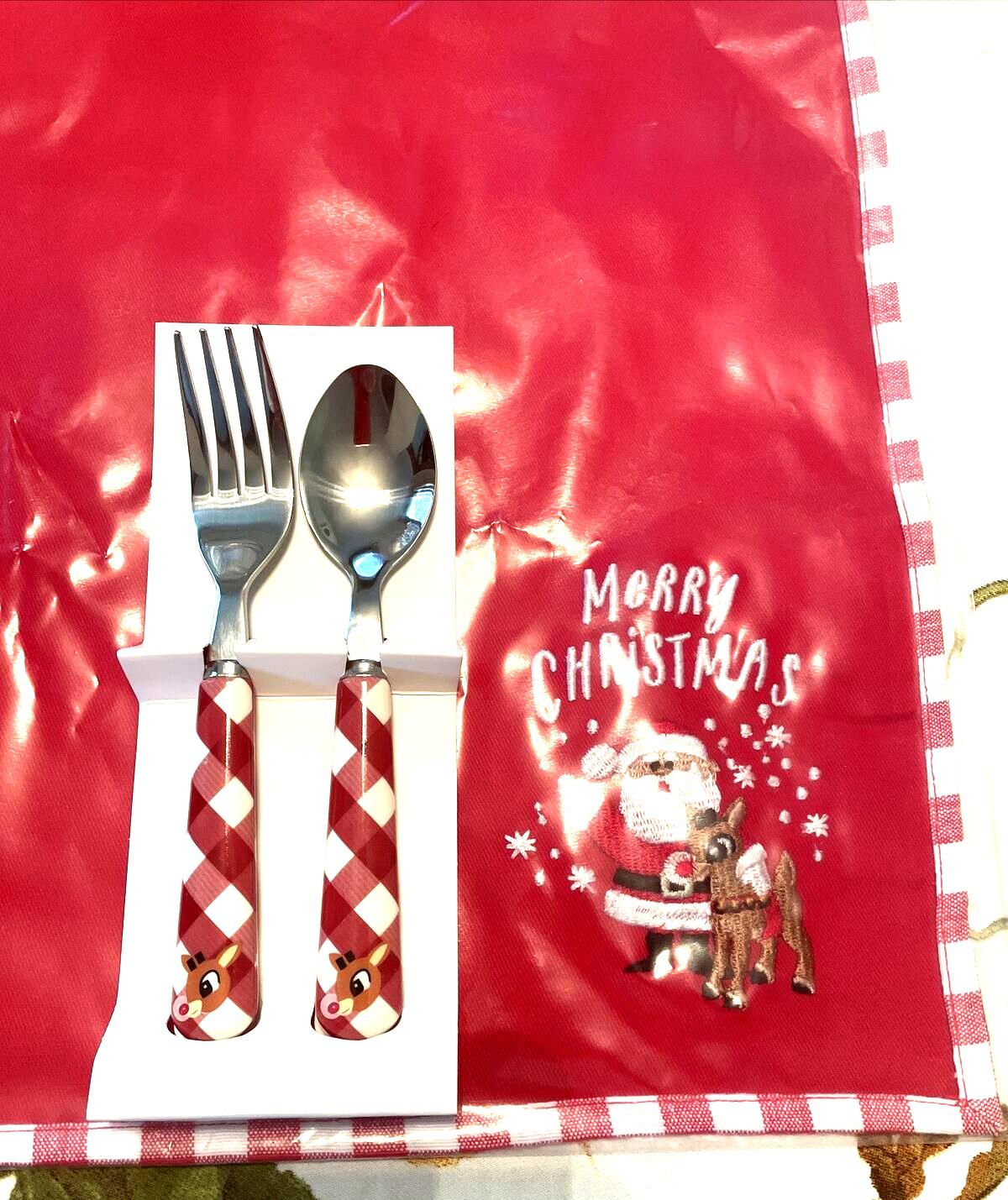 Pottery Barn holiday Rudolph Disney Santa Napkin+Utensil Christmas party SET =