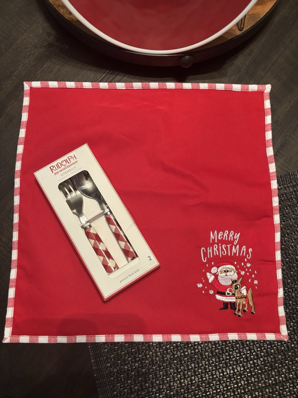 Pottery Barn holiday Rudolph Disney Santa Napkin+Utensil Christmas party SET =