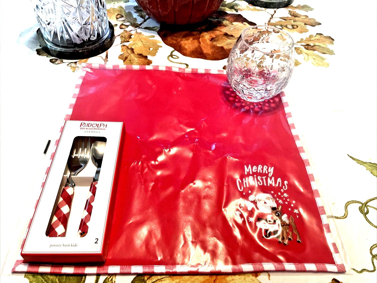Pottery Barn holiday Rudolph Disney Santa Napkin+Utensil Christmas party SET =