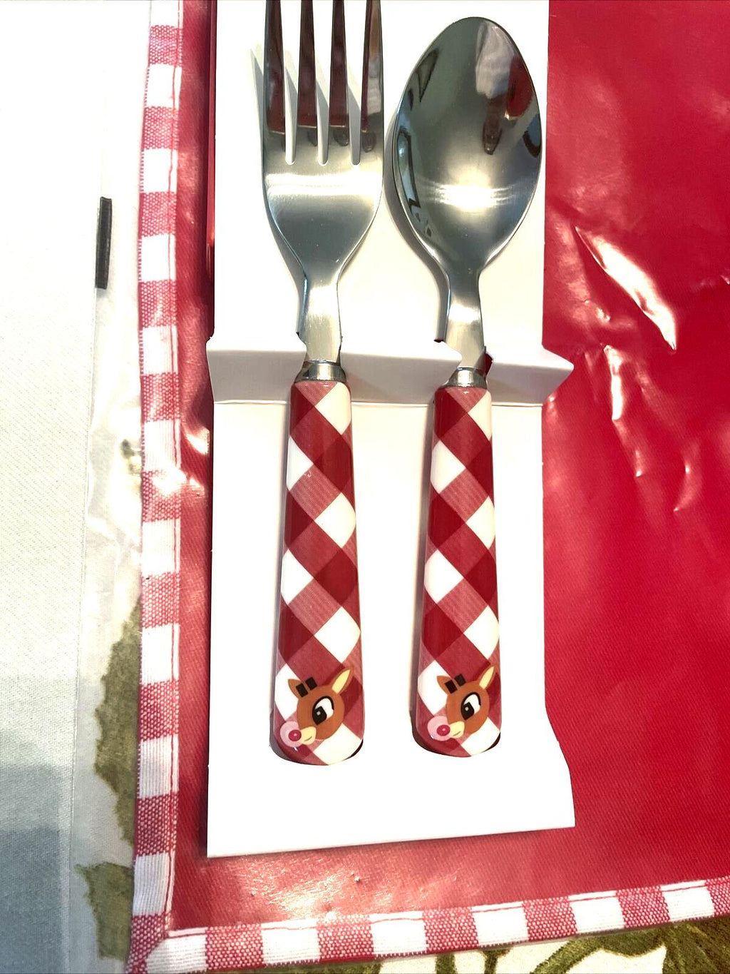 Pottery Barn holiday Rudolph Disney Santa Napkin+Utensil Christmas party SET =