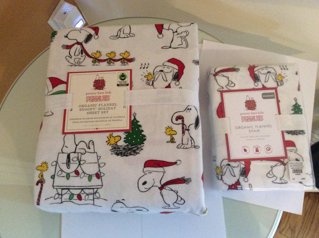 Snoopy Pottery barn Peanuts TWIN Sheet SET Disney+Sham Holiday Party Christmas '