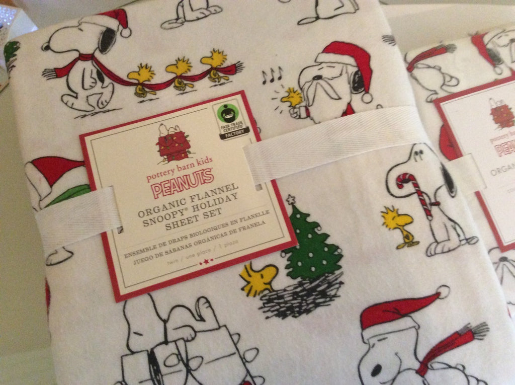 Snoopy Pottery barn Peanuts TWIN Sheet SET Disney+Sham Holiday Party Christmas '