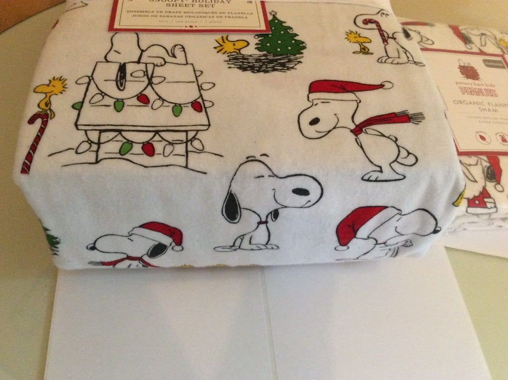 Snoopy Pottery barn Peanuts TWIN Sheet SET Disney+Sham Holiday Party Christmas '