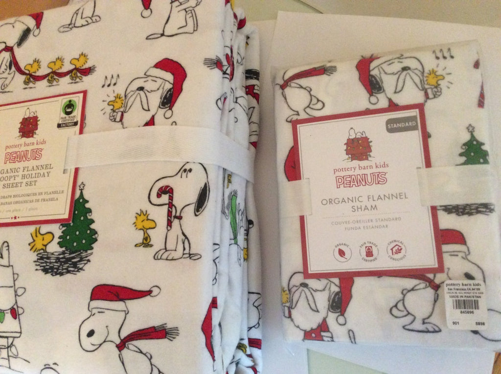 Snoopy Pottery barn Peanuts TWIN Sheet SET Disney+Sham Holiday Party Christmas '