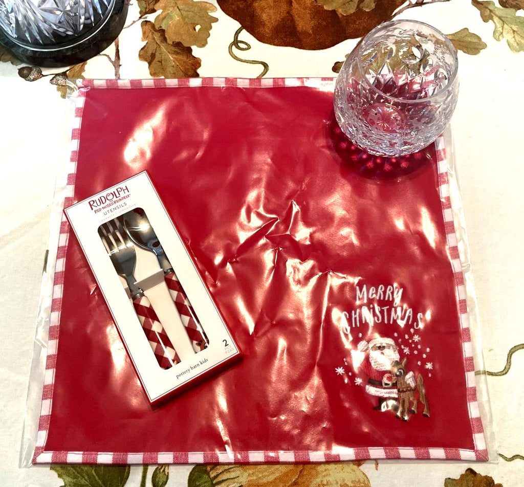 Pottery Barn holiday Rudolph Disney Santa Napkin+Utensil Christmas party SET =