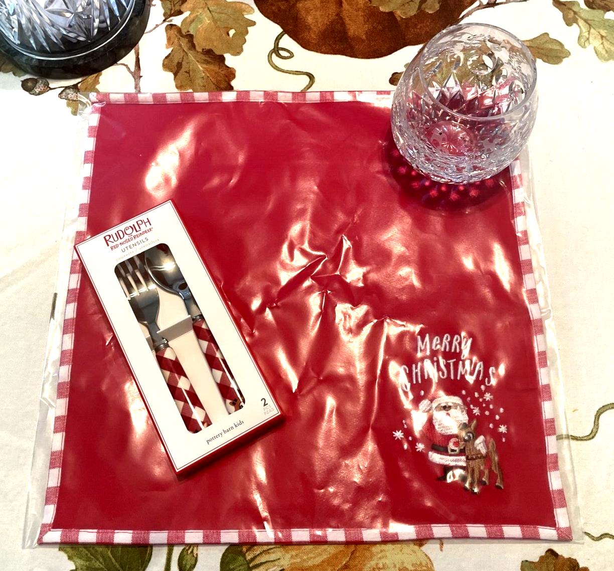 Pottery Barn holiday Rudolph Disney Santa Napkin+Utensil Christmas party SET =