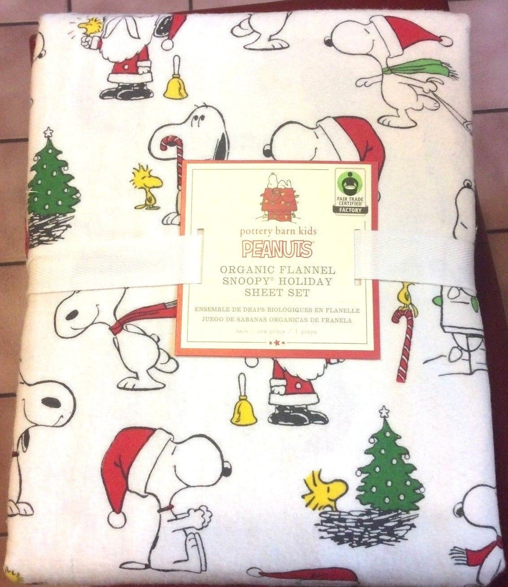 Snoopy Pottery barn Peanuts TWIN Sheet SET Disney+Sham Holiday Party Christmas '