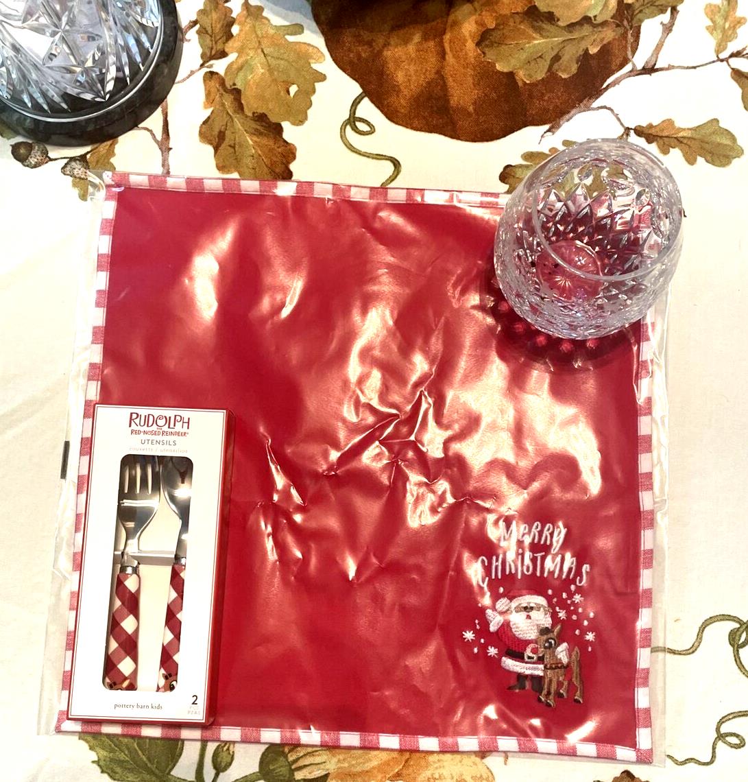 Pottery Barn holiday Rudolph Disney Santa Napkin+Utensil Christmas party SET =