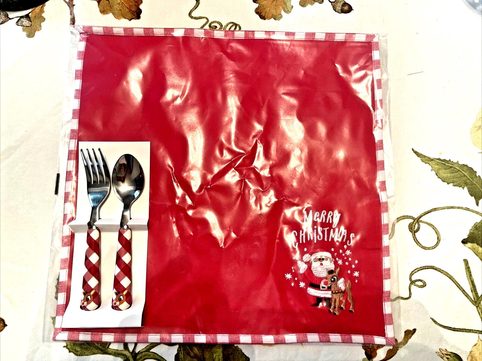 Pottery Barn holiday Rudolph Disney Santa Napkin+Utensil Christmas party SET =
