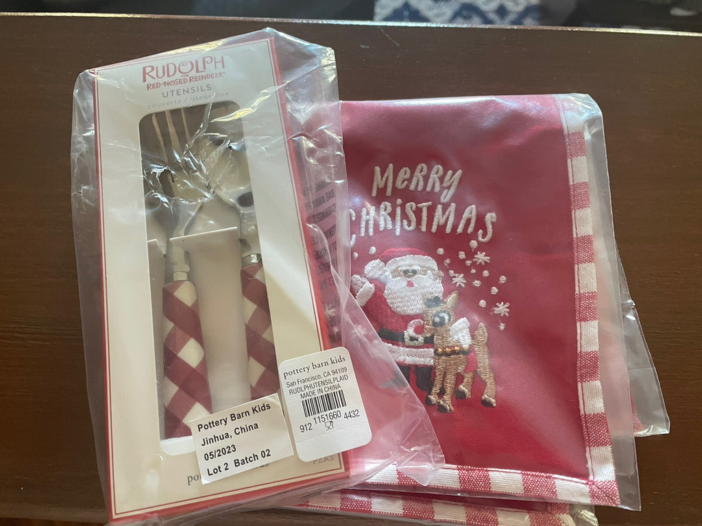 Pottery Barn holiday Rudolph Disney Santa Napkin+Utensil Christmas party SET =