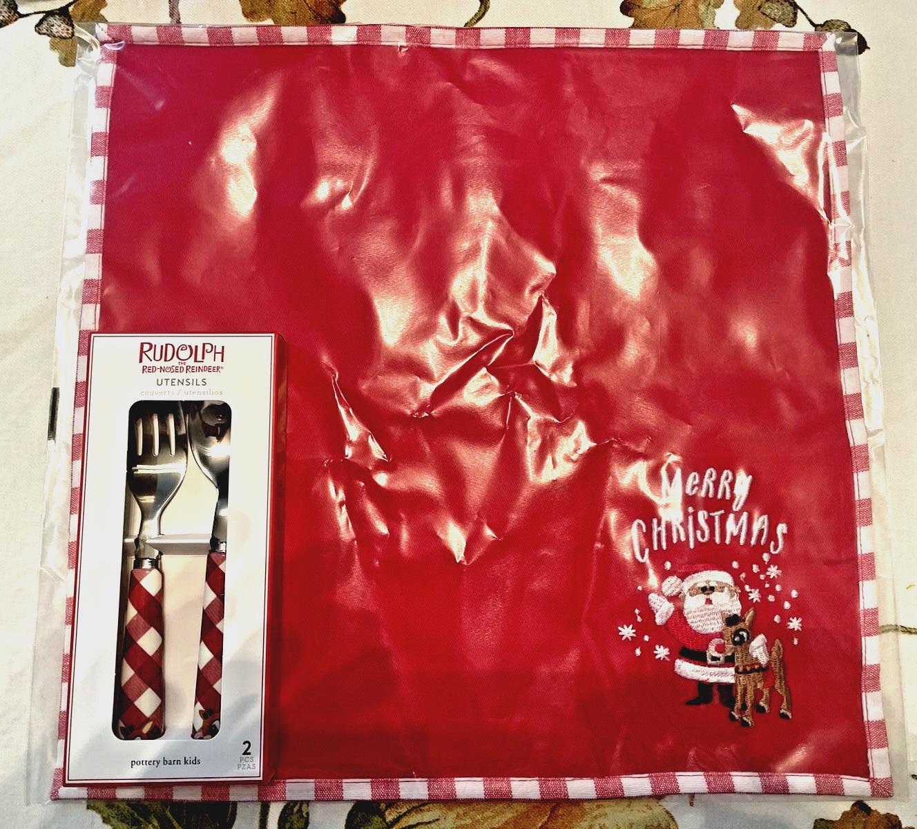 Pottery Barn holiday Rudolph Disney Santa Napkin+Utensil Christmas party SET =