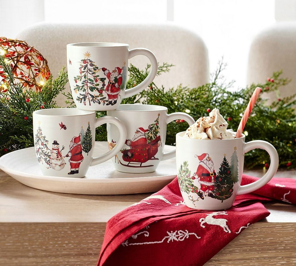 pottery barn Christmas Country Santa Mug Coffee Cup holiday Snowman gift SET 4