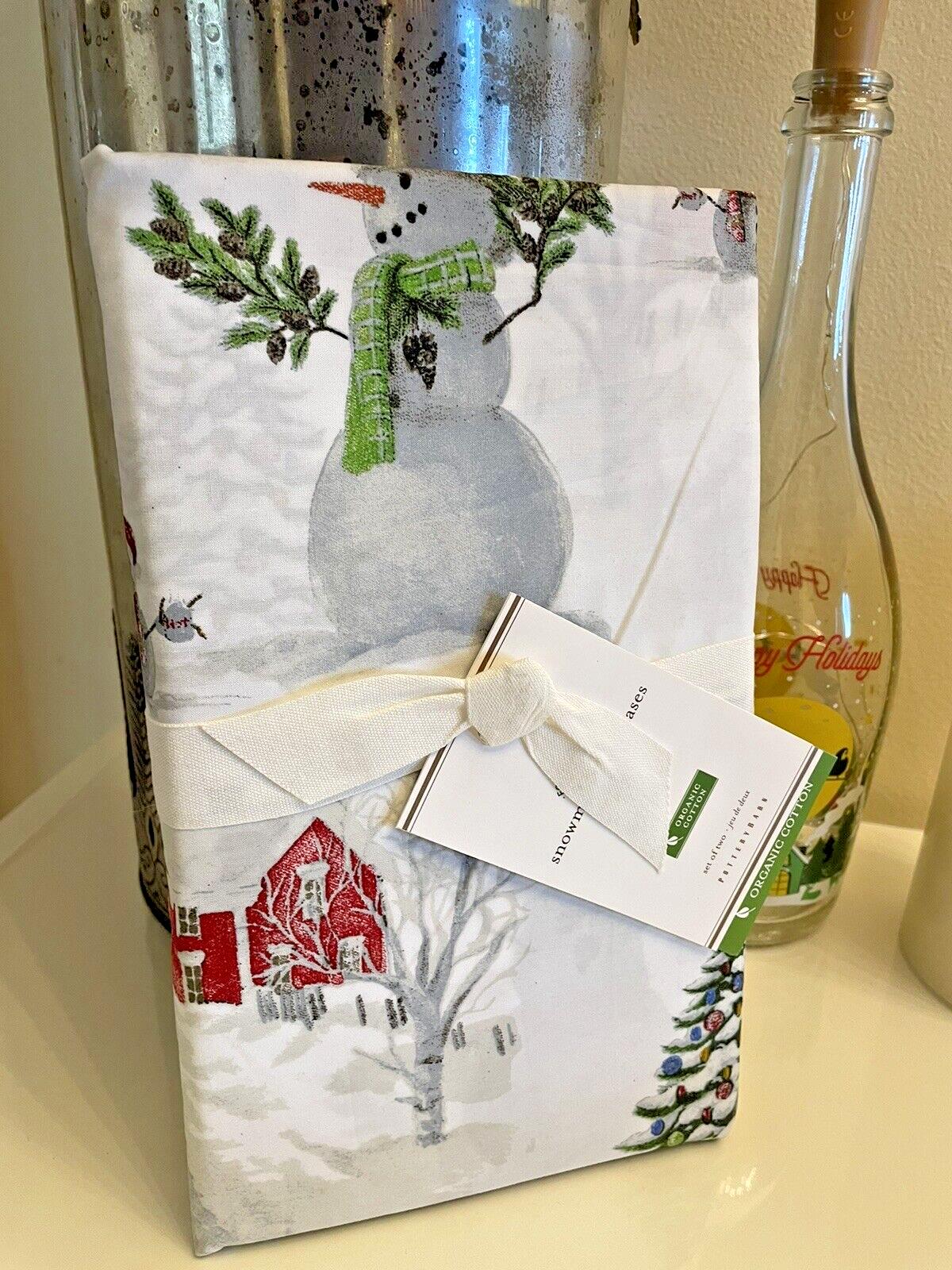 Pottery Barn Christmas Snowman village holiday country santa pillowcase SET 2
