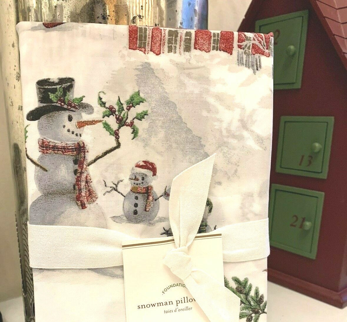 Pottery Barn Christmas Snowman village holiday country santa pillowcase SET 2