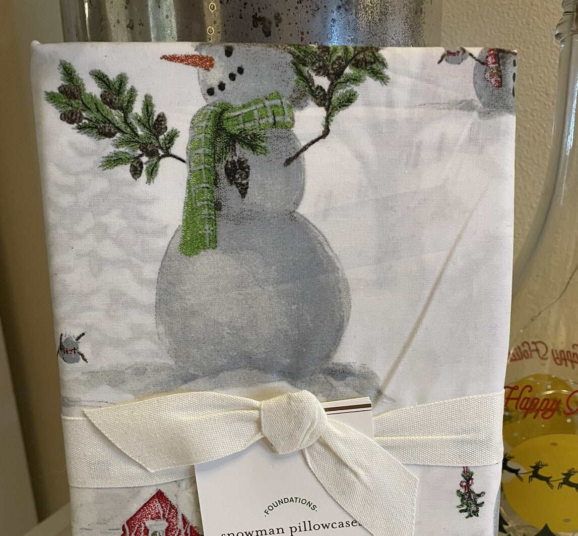 Pottery Barn Christmas Snowman village holiday country santa pillowcase SET 2