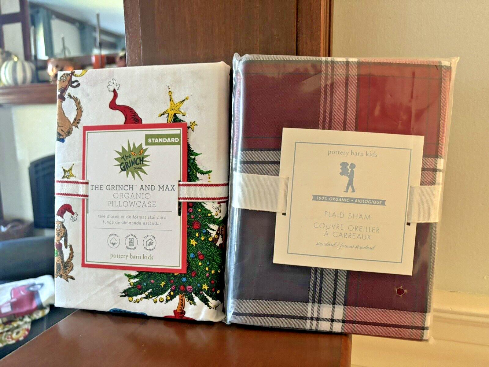 Pottery barn GRINCH PILLOW SHAM holiday Christmas Plaid ELF party kid gift SET m