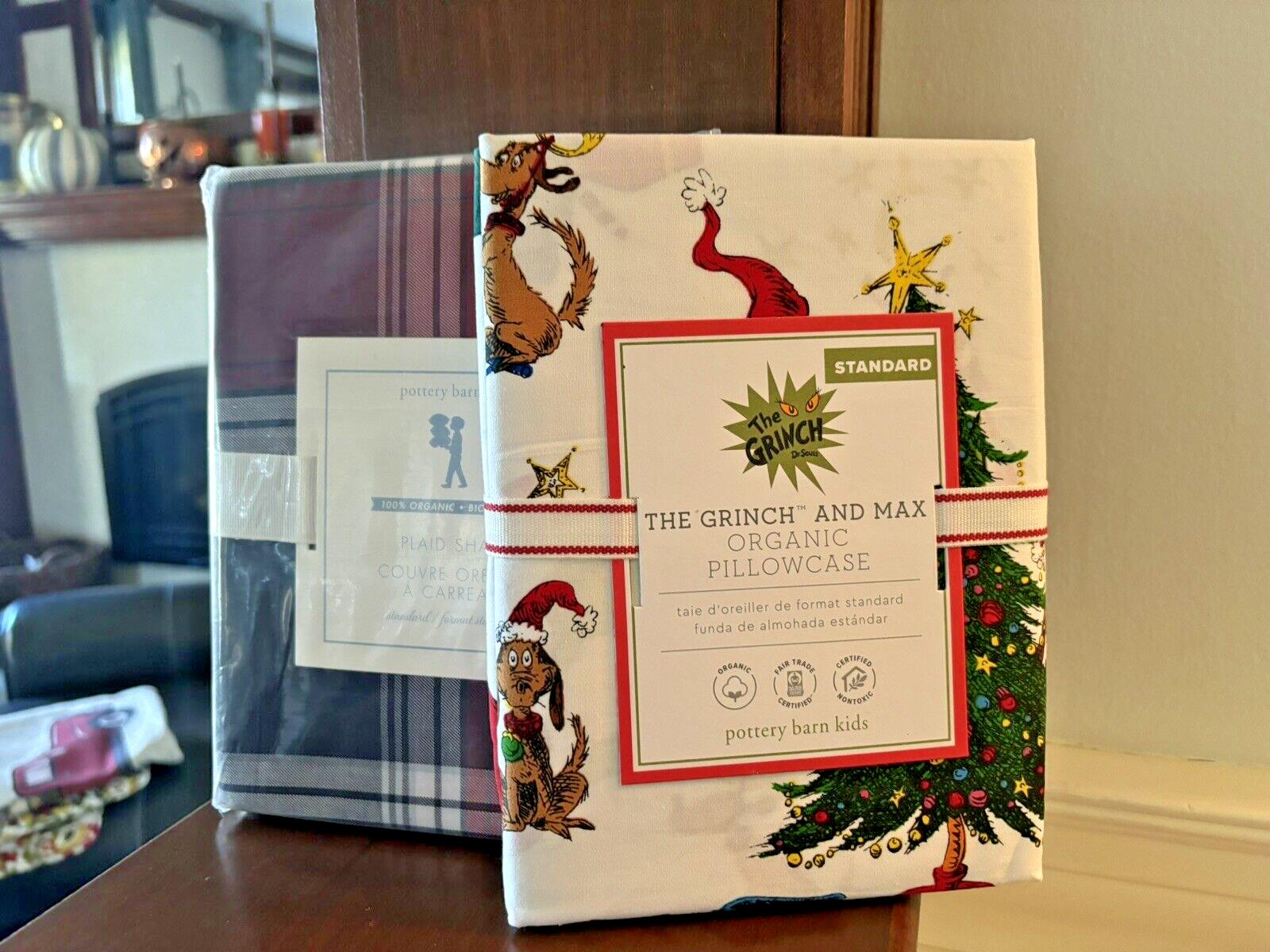 Pottery barn GRINCH PILLOW SHAM holiday Christmas Plaid ELF party kid gift SET m
