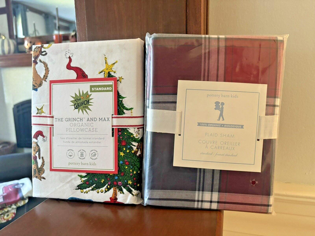 Pottery barn GRINCH PILLOW SHAM holiday Christmas Plaid ELF party kid gift SET m