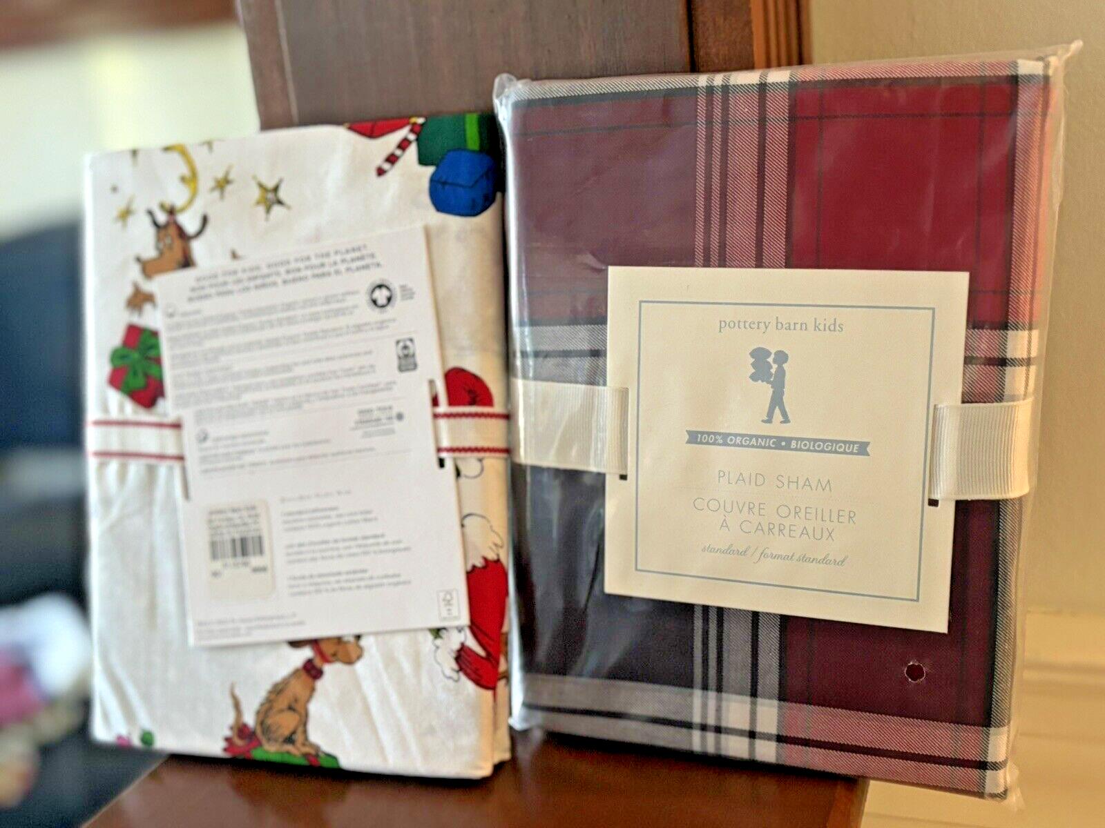 Pottery barn GRINCH PILLOW SHAM holiday Christmas Plaid ELF party kid gift SET m