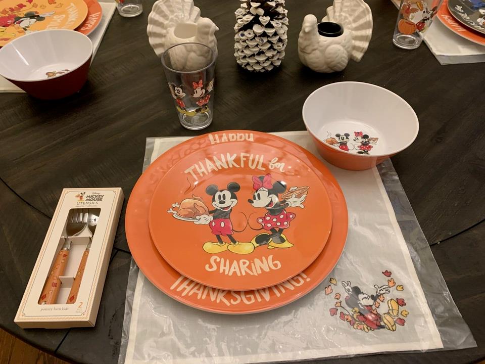 Disney Pottery Barn Mickey Mouse Plate Cup bowl Utensil Napkin Thanksgiving [