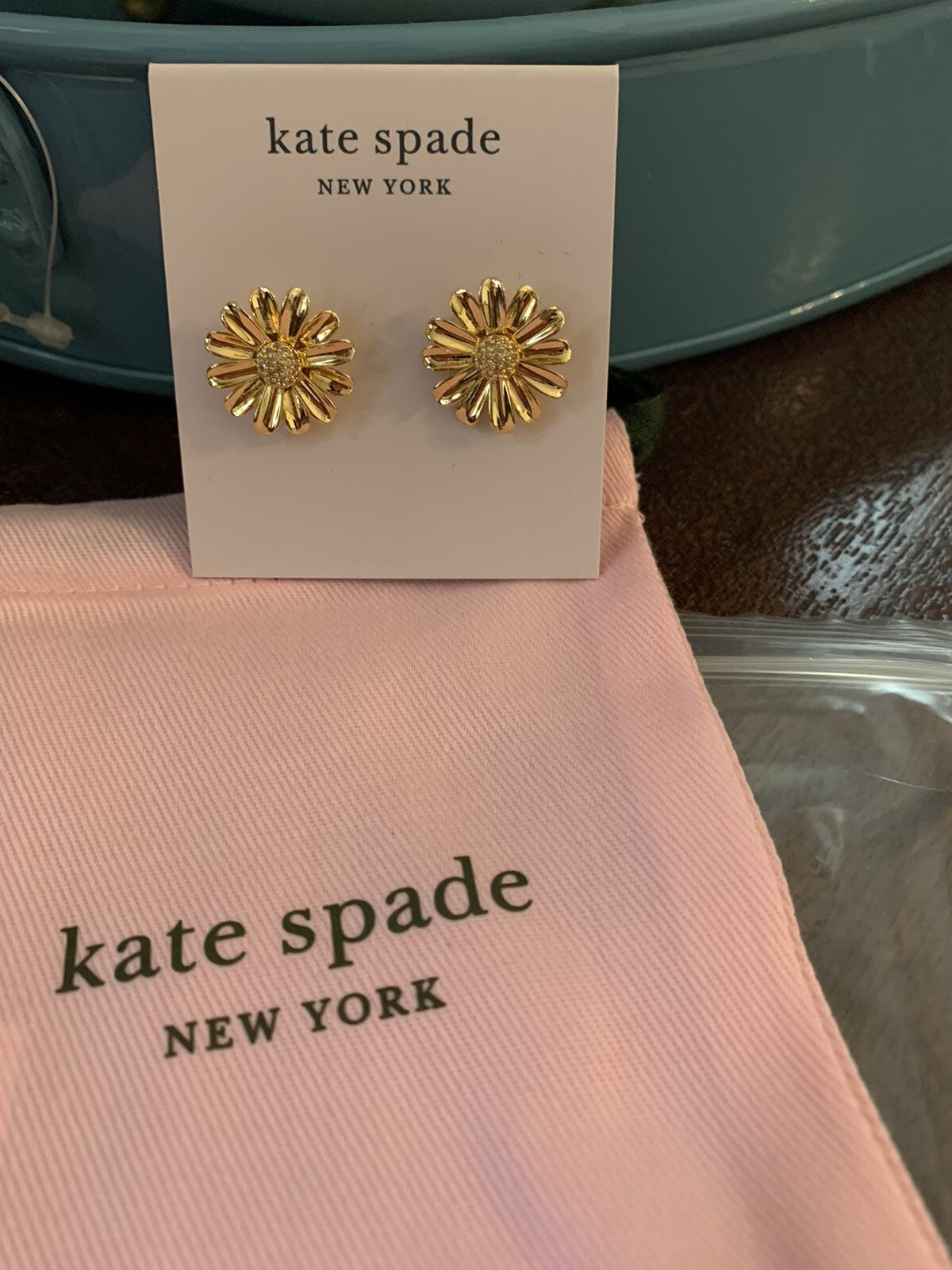 Kate Spade earrings + Bag DAISY gold flower disney gift school wedding teen  .