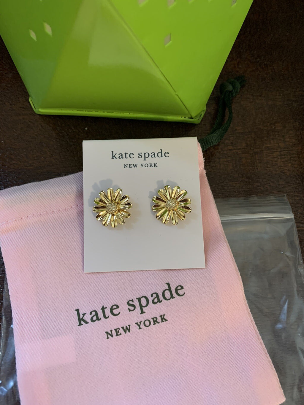 Kate Spade earrings + Bag DAISY gold flower disney gift school wedding teen  .