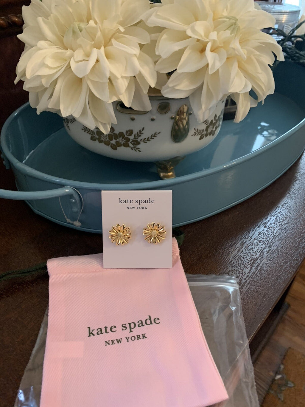 Kate Spade earrings + Bag DAISY gold flower disney gift school wedding teen  .