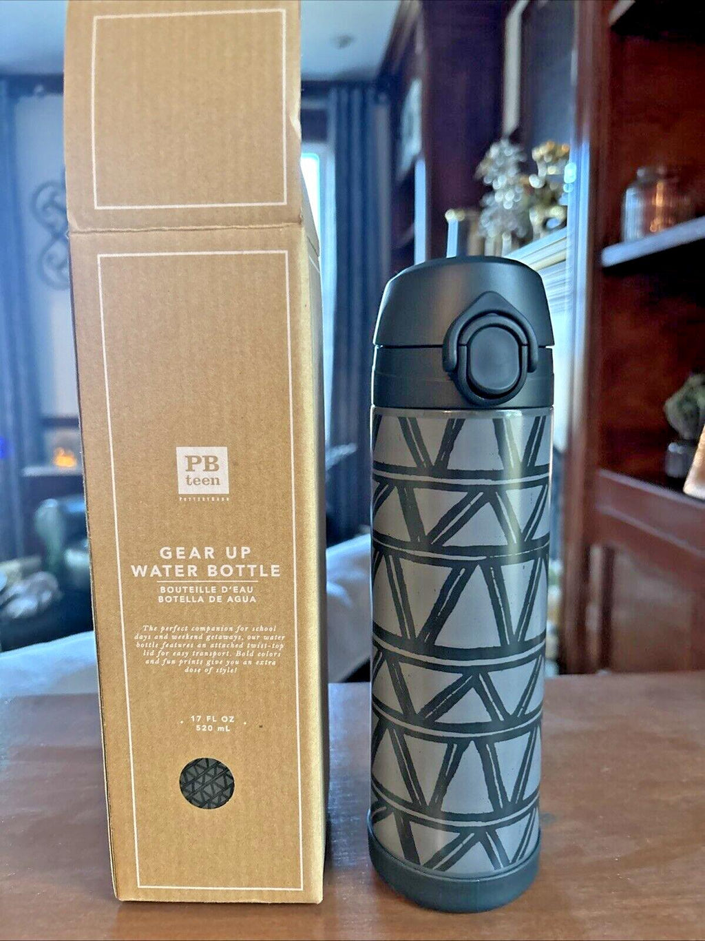 Pottery barn School WATER BOTTLE LARGE Holiday gear up cartoon comic boy Black .