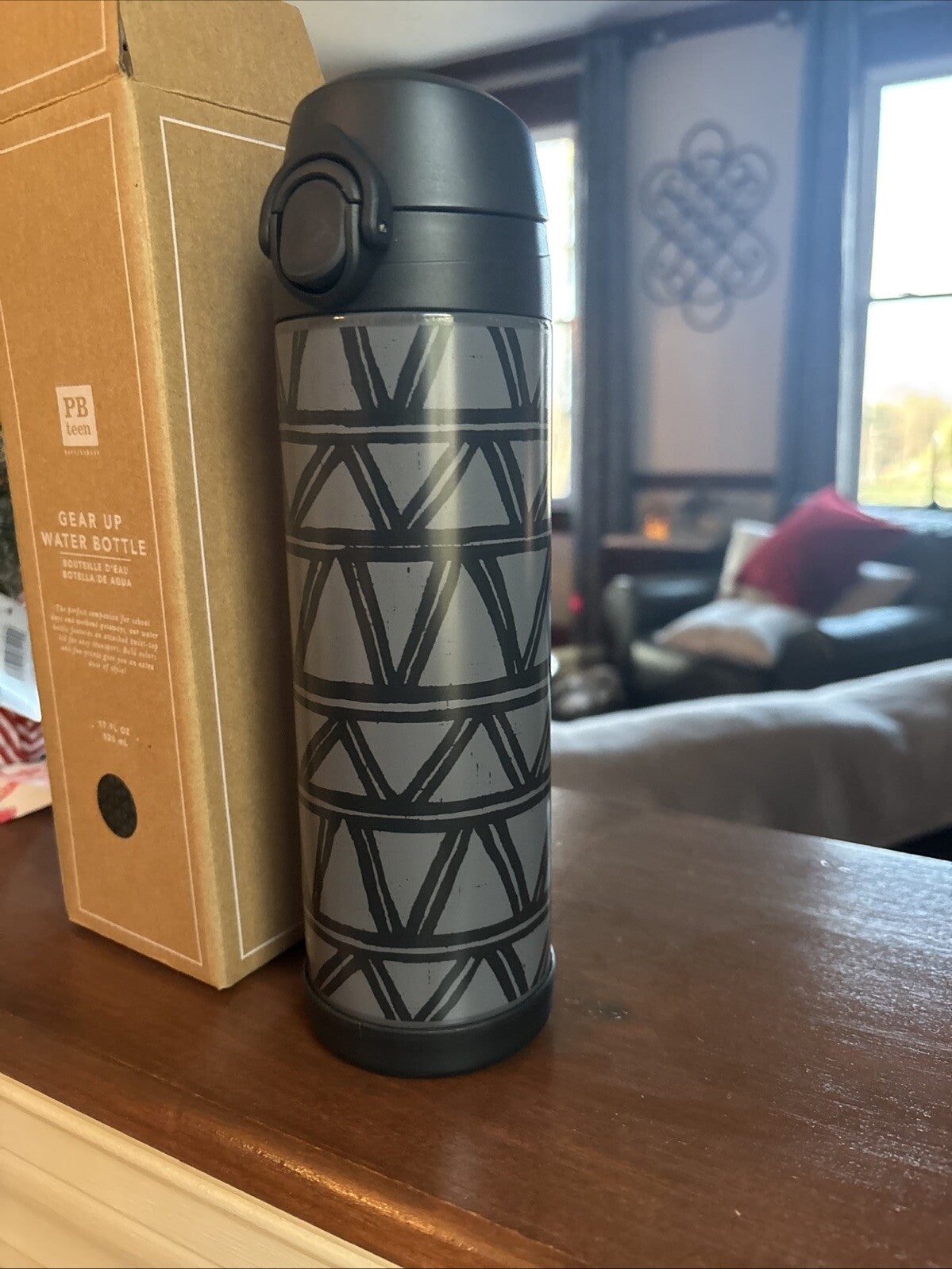 Pottery barn School WATER BOTTLE LARGE Holiday gear up cartoon comic boy Black .