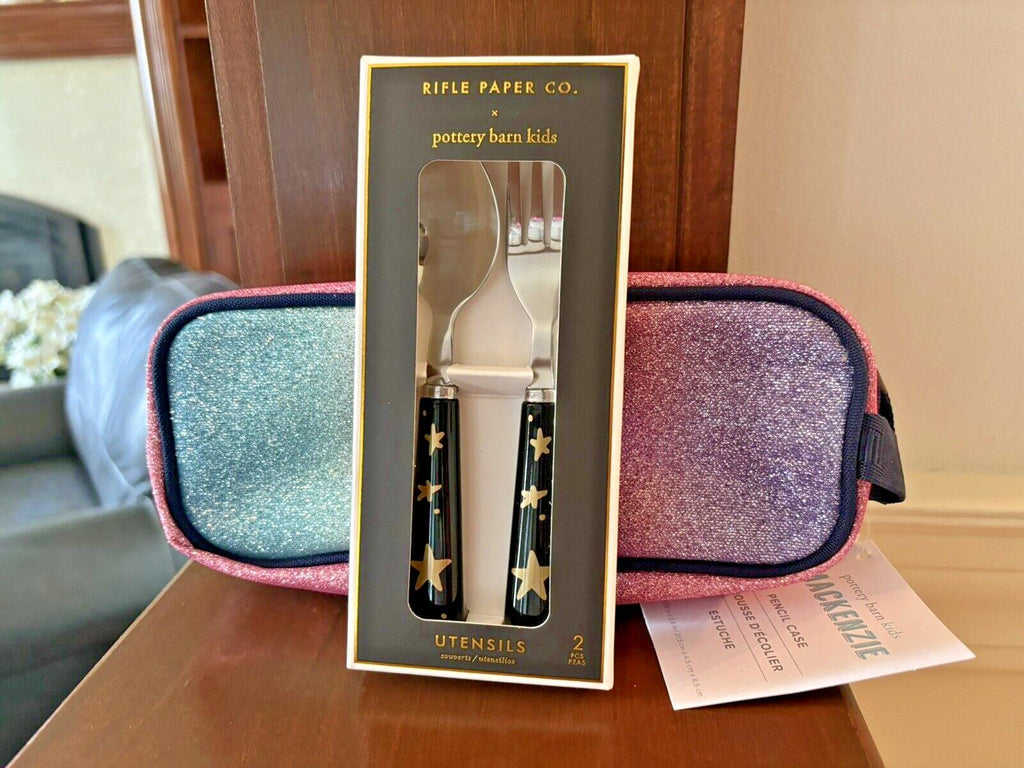 Pottery barn School Glitter pencil CASE+Utensil Set Rainbow Bag disney kid ??
