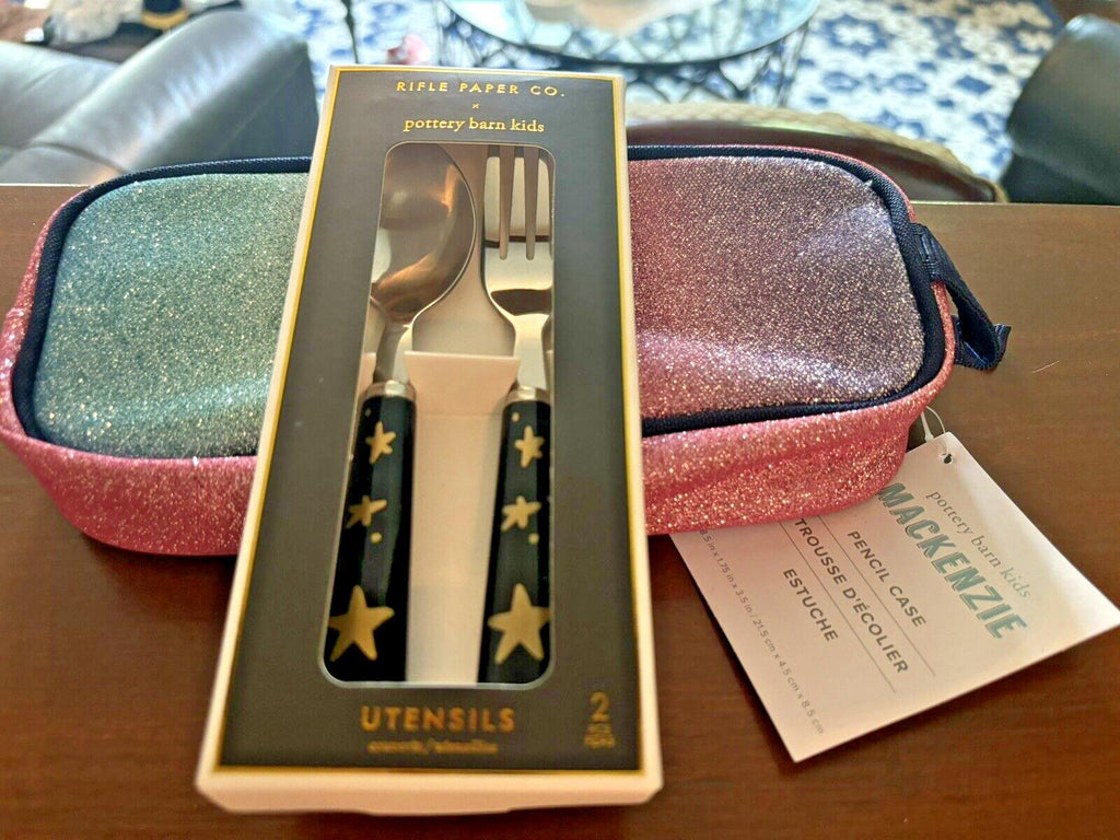Pottery barn School Glitter pencil CASE+Utensil Set Rainbow Bag disney kid ??