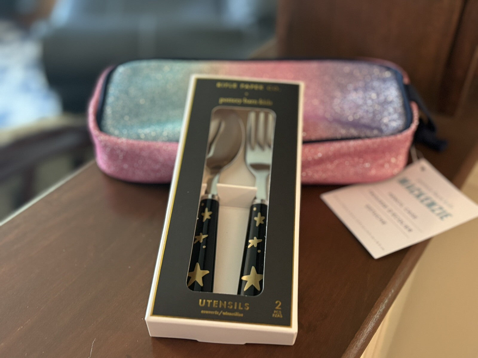 Pottery barn School Glitter pencil CASE+Utensil Set Rainbow Bag disney kid ??