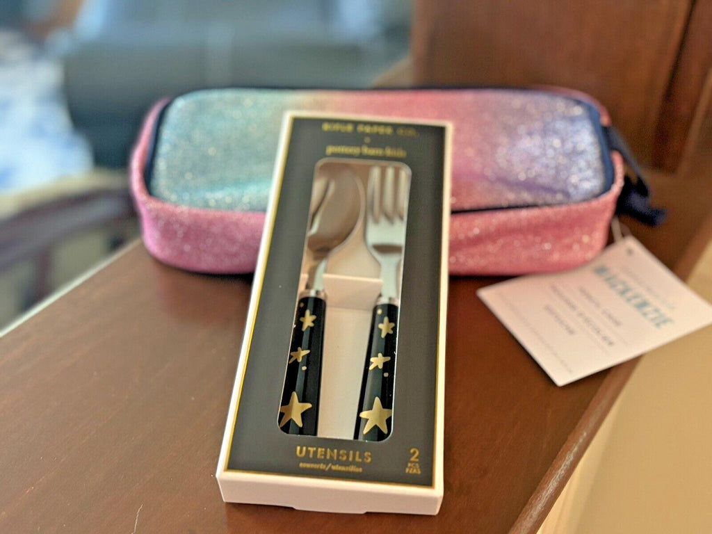 Pottery barn School Glitter pencil CASE+Utensil Set Rainbow Bag disney kid ??