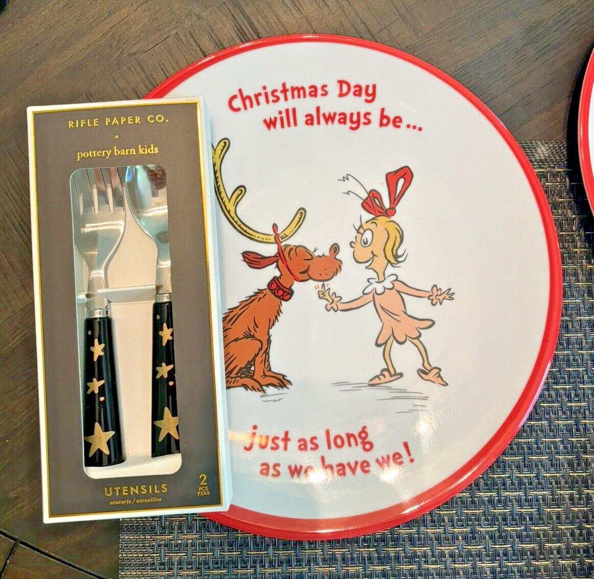 Pottery Barn GRINCH Holiday Plate +Utensil Seuss gift Christmas DISNEY party =