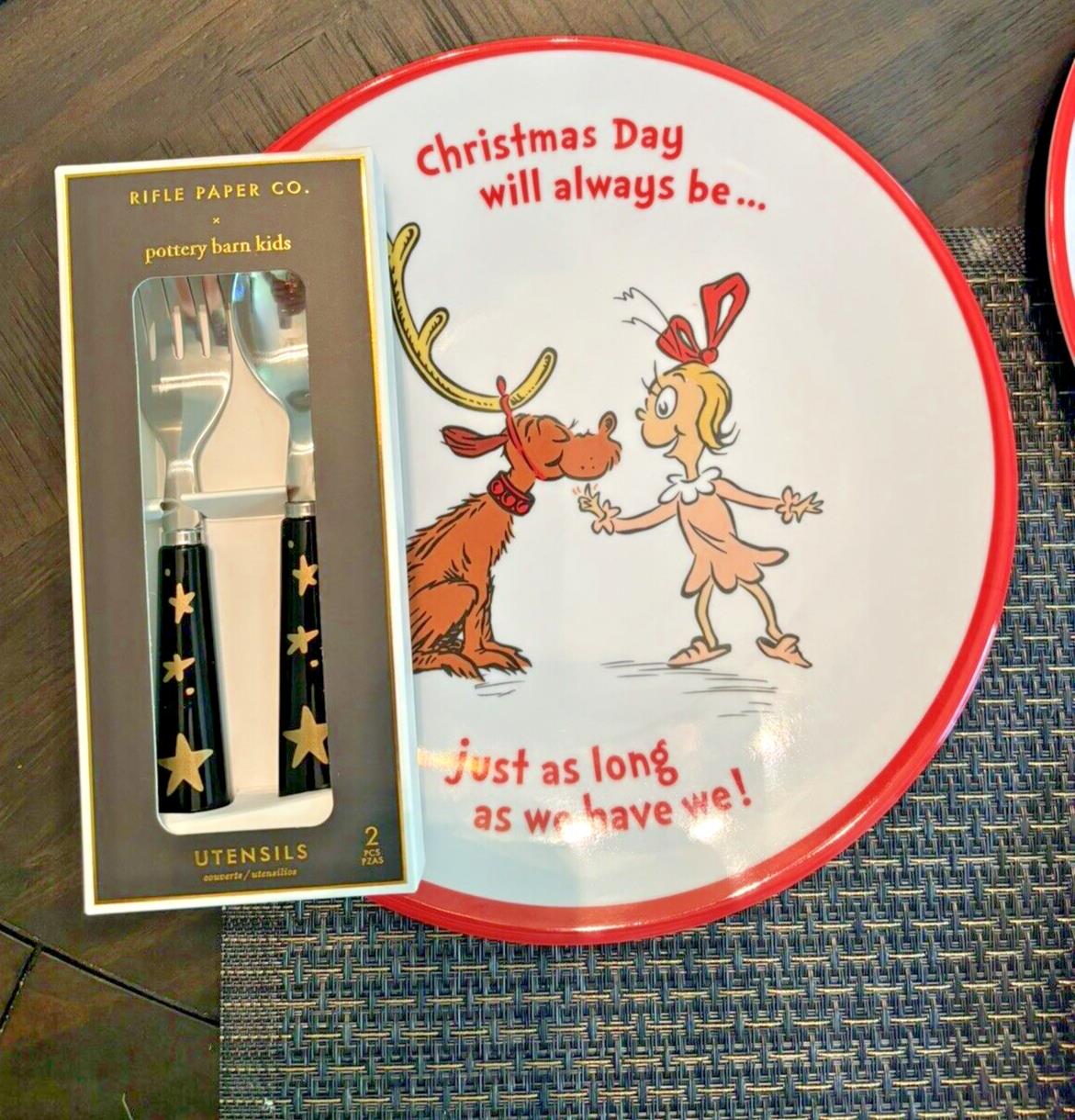Pottery Barn GRINCH Holiday Plate +Utensil Seuss gift Christmas DISNEY party =