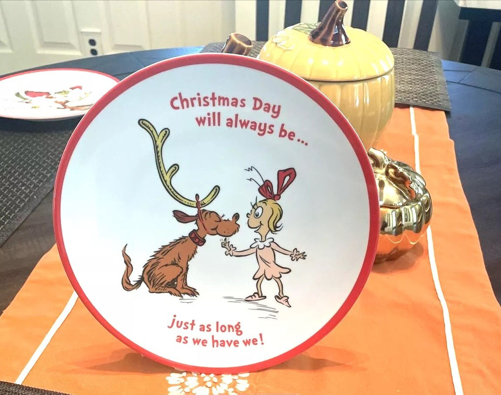 Pottery Barn GRINCH Holiday Plate +Utensil Seuss gift Christmas DISNEY party =