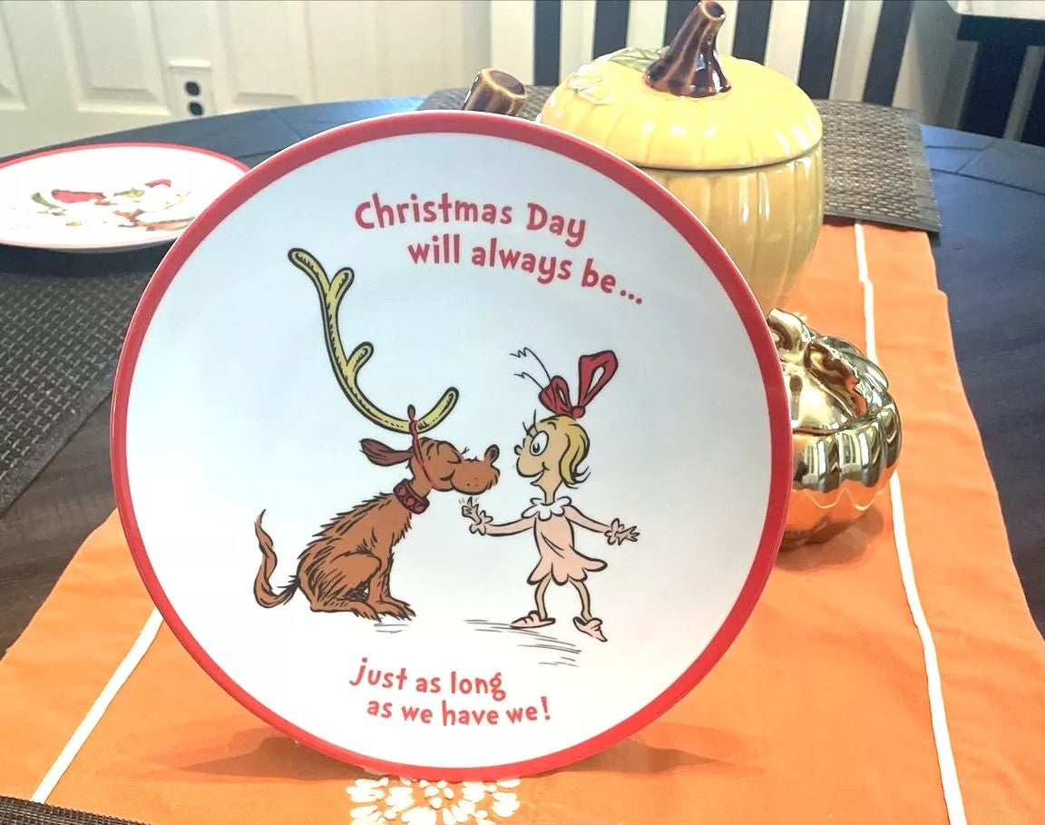 Pottery Barn GRINCH Holiday Plate +Utensil Seuss gift Christmas DISNEY party =